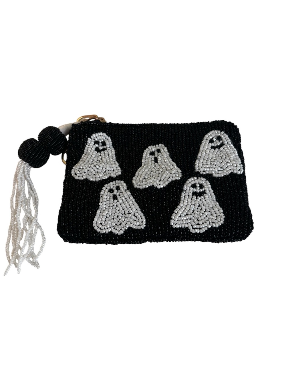 Adorable Hand Beaded Black Coin Purse w/ Playful White Ghosts Motif.